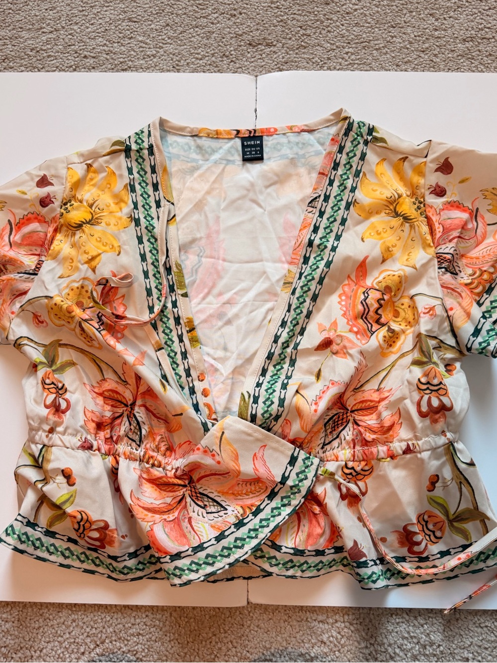 SHEIN Cream Floral Wrap Crop Top with Coral and Yellow Blooms